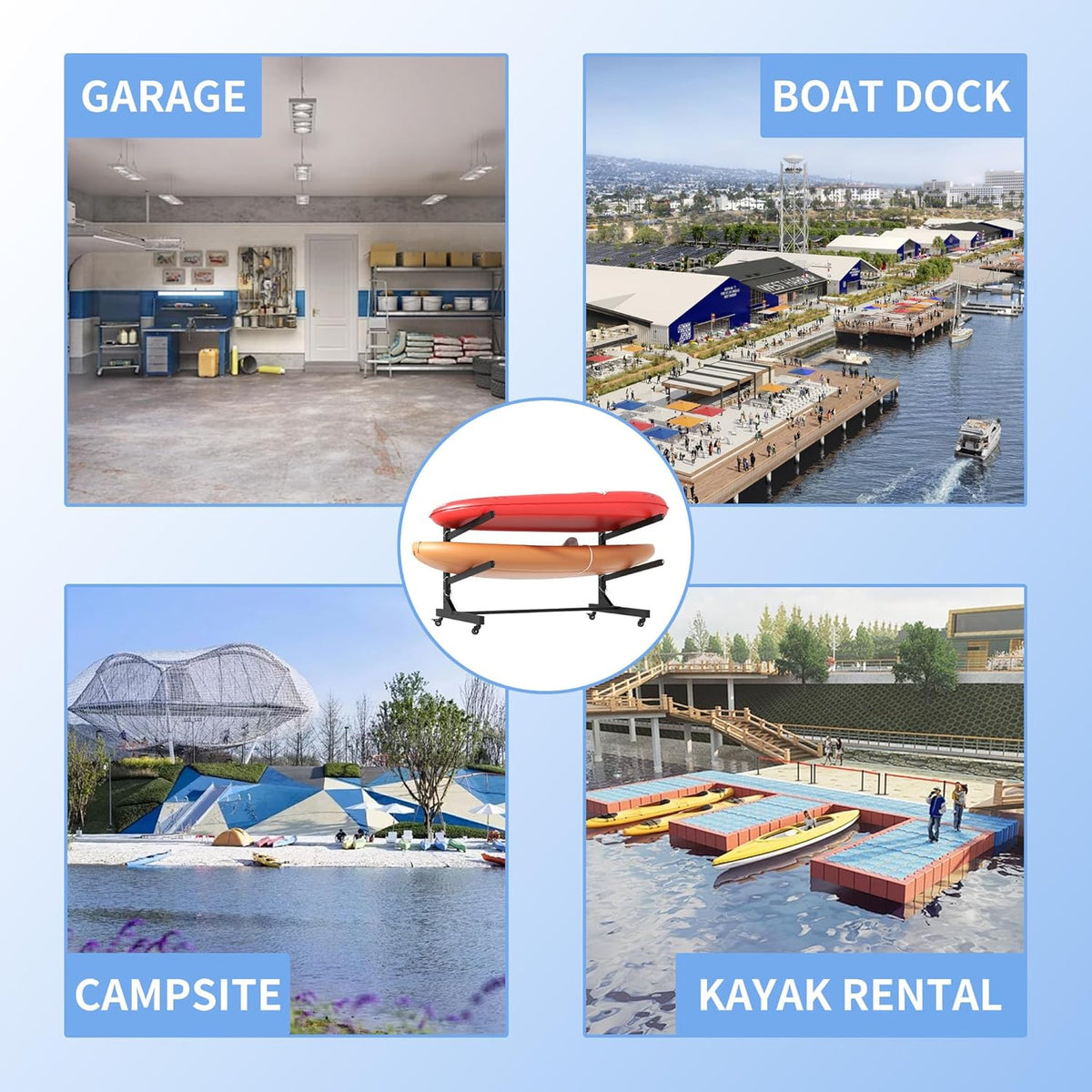 Kayak Storage Rack, Heavy Duty Kayak Stand Canoe Rack with Wheels, Freestanding Kayak Holder Stand for Kayaks, Canoes, Surfboard, Paddleboard Storage