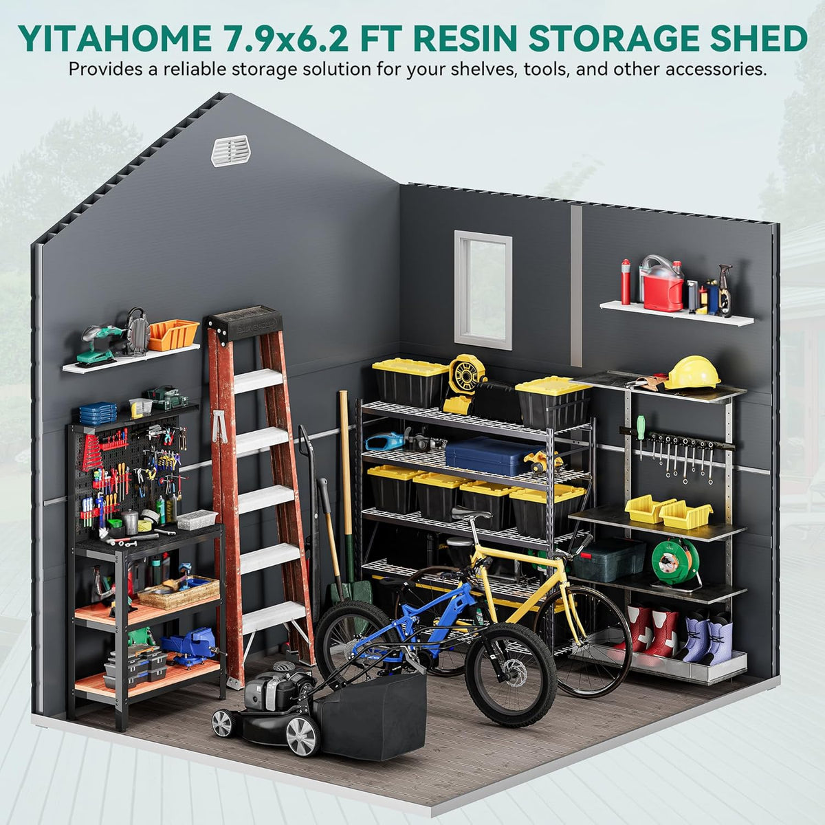 YITAHOME 8x6.2FT Outdoor Storage Shed w/o Floor, All-Weather Plastic Shed with Lockable Doors, Window & Vents, Plastic Tool Shed for Backyard, Patio, Poolside, Lawn, Gray