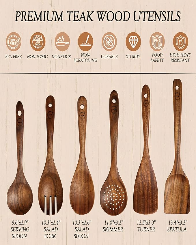 6-Piece Natural Teak Wood Utensil Set - Compact Nonstick Cooking Spoons & Spatulas, Durable Wooden Tools