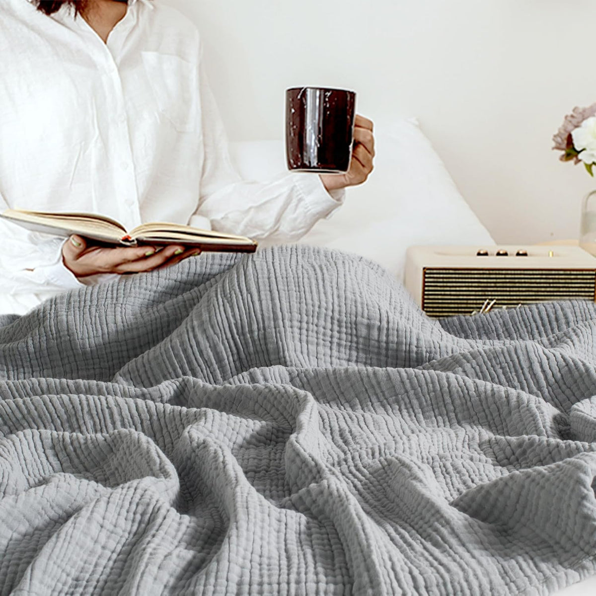 Carriediosa 100% Cotton Muslin Throw Blanket 108" X 90" King Size，4-Layers Summer Gauze Throws for Bed Couch，Soft Lightweight Breathable Linen Blankets Bedspread for Adults All Season，Grey
