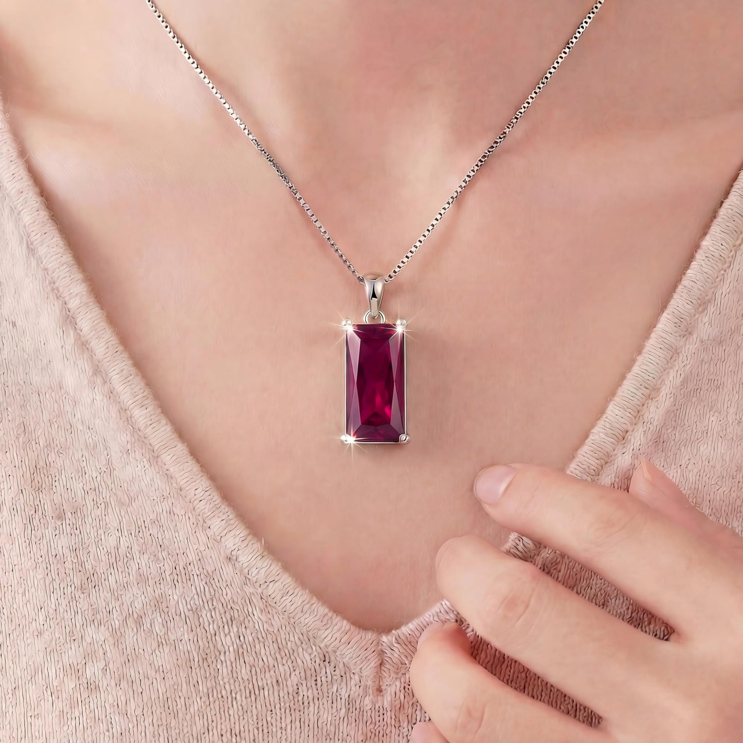 Kuschelkatze 8mm x 16mm Square January Birthstone Garnet Pendant Necklace – Fashion charming Sterling Silver Gift for women