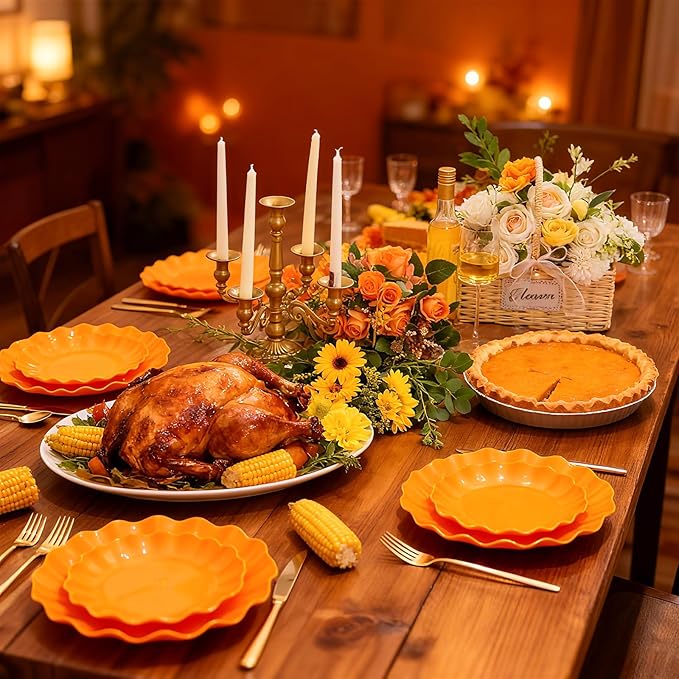 LIYH 50 Pcs Heavy Duty Thanksgiving Plates Orange Scalloped Plastic Plates Reusable Unbreakable Halloween Plastic Plate for Thanksgiving & Halloween Day, Dishwasher Safe BPA Free (25Guests)