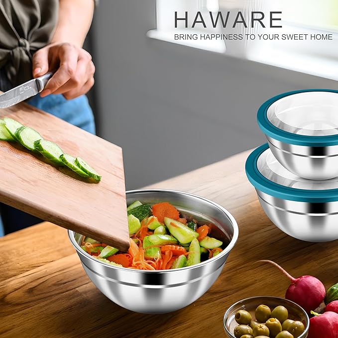 HaWare Mixing Bowls with Airtight Clear Lids, 6-Piece Stainless Steel Strong Nesting Bowls Set, Metal Salad Bowl for Cooking, Prepping, Baking, Serving & Food Storage, Size 4.6, 3, 1.5QT, Teal Blue