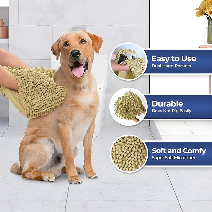 Muddy Mat Doggy Dryer, Highly Absorbent Microfiber Washable Dog Shammy Quick Drying Towel Absorber - Extra Soft Plush Wrap Chenille Bath Towels to Dry Soggy Large Pets & Small Puppy-Beige 15"x38"