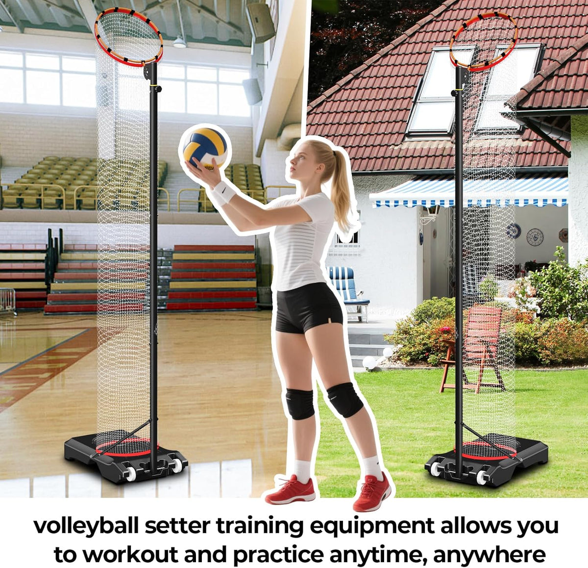 Volleyball Setter Trainer Net Setting Training Equipment，with Mobile Pulleys, Adjustable Height/Angle,Can Be Filled with Water，Indoor and Outdoor Volleyball Serve, Dunk and Set Practice Net