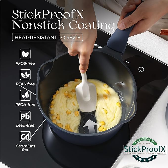 PRICUSIS Ceramic Nonstick Saucepan with Lid, 2.7 Quart Non Toxic Pot with Pour Spouts, Full Coated, 100% Dishwasher Safe, Induction Compatible & Oven Safe, PTFE PFAS & PFOA Free, Blueberry Mist