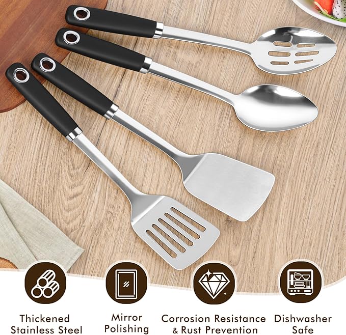 4 Pcs Cooking Utensils Set, Stainless Steel Kitchen Utensils, Heat Resistant Metal Kitchen Tools Include Solid & Slotted Turner Wok Spatula, Serving Spoon, Ergonomic Handle, Easy to Clean, Silver