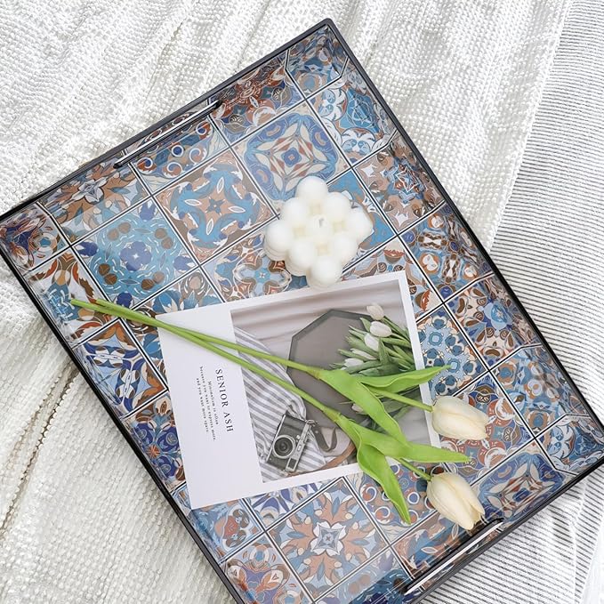 Spsyrine Serving Tray with Handles, Plastic Decorative Tray for Coffee Table, Living Room, Home Decor,Boho