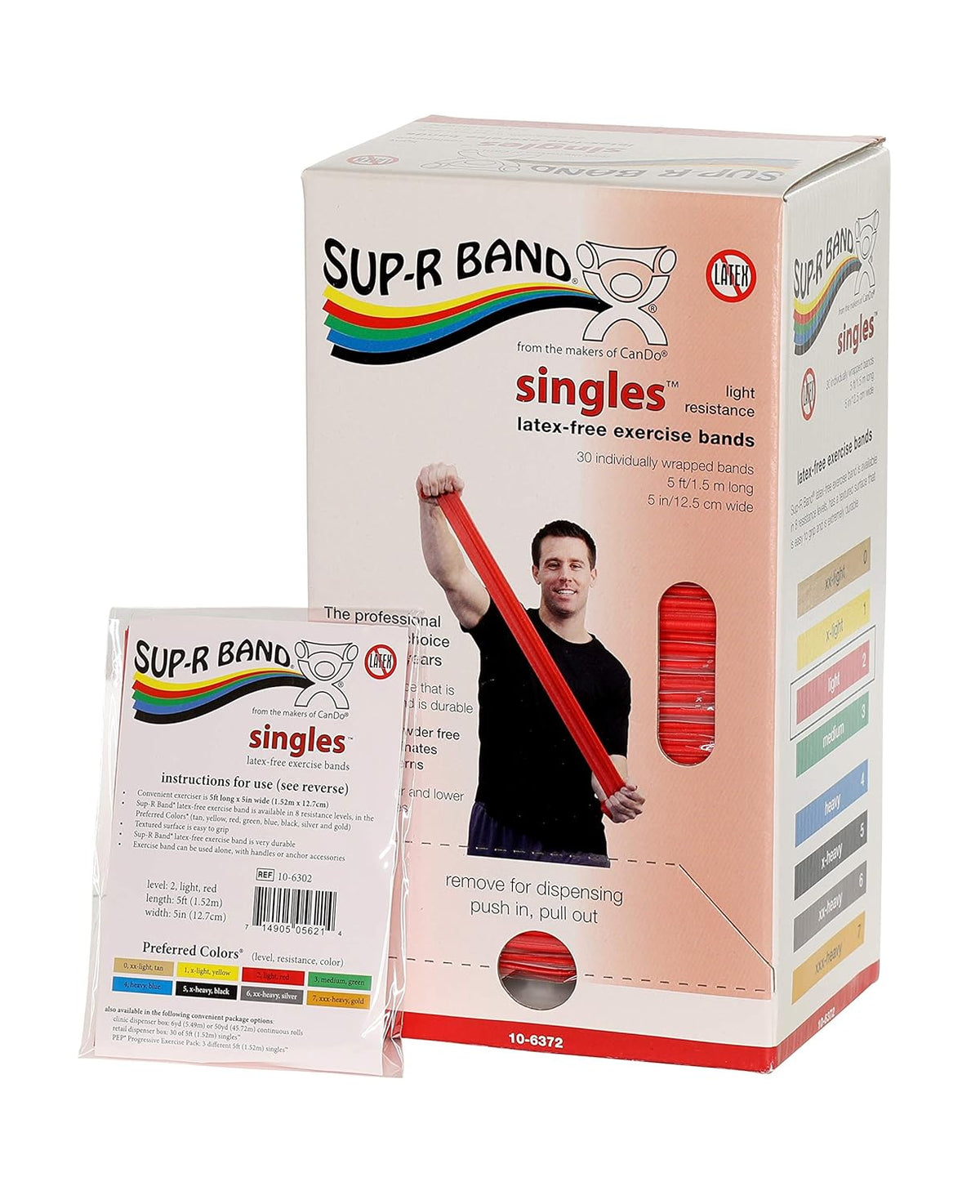 CanDo 10-6372 Sup-R Band, Latex-Free, 5' Singles, 30 Piece Dispenser, Red