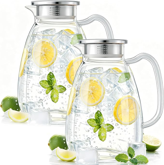 Glass Pitcher with Lid and Handle, 2.2L Borosilicate Glass Water Carafe, Stainless Steel Dual-Filter Lid, Heat Resistant for Hot/Cold Beverages – Iced Tea, Coffee, Juice, Cold Brew, 2 Pack