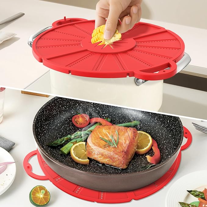 Silicone Splatter Screen for Frying Pan, Foldable Splash Guard, Multi-Use Grease Splatter Guard,Heat-Resistant Trivet Mat, 12" Non-Stick Oil Splatter Guard, Dishwasher Safe, BPA Free-red
