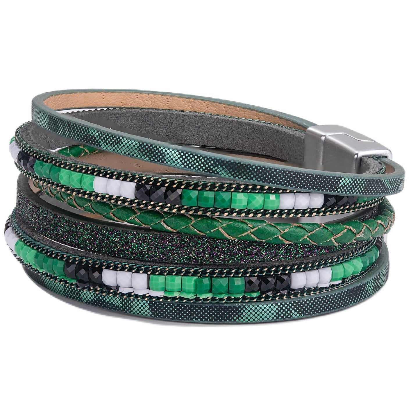 FANCY SHINY Boho Leather Wrap Bracelets Trendy Layered Bracelets with Magnetic Clasp Strackable Bohemian Cuff Jewelry Gifts for Women(Green)