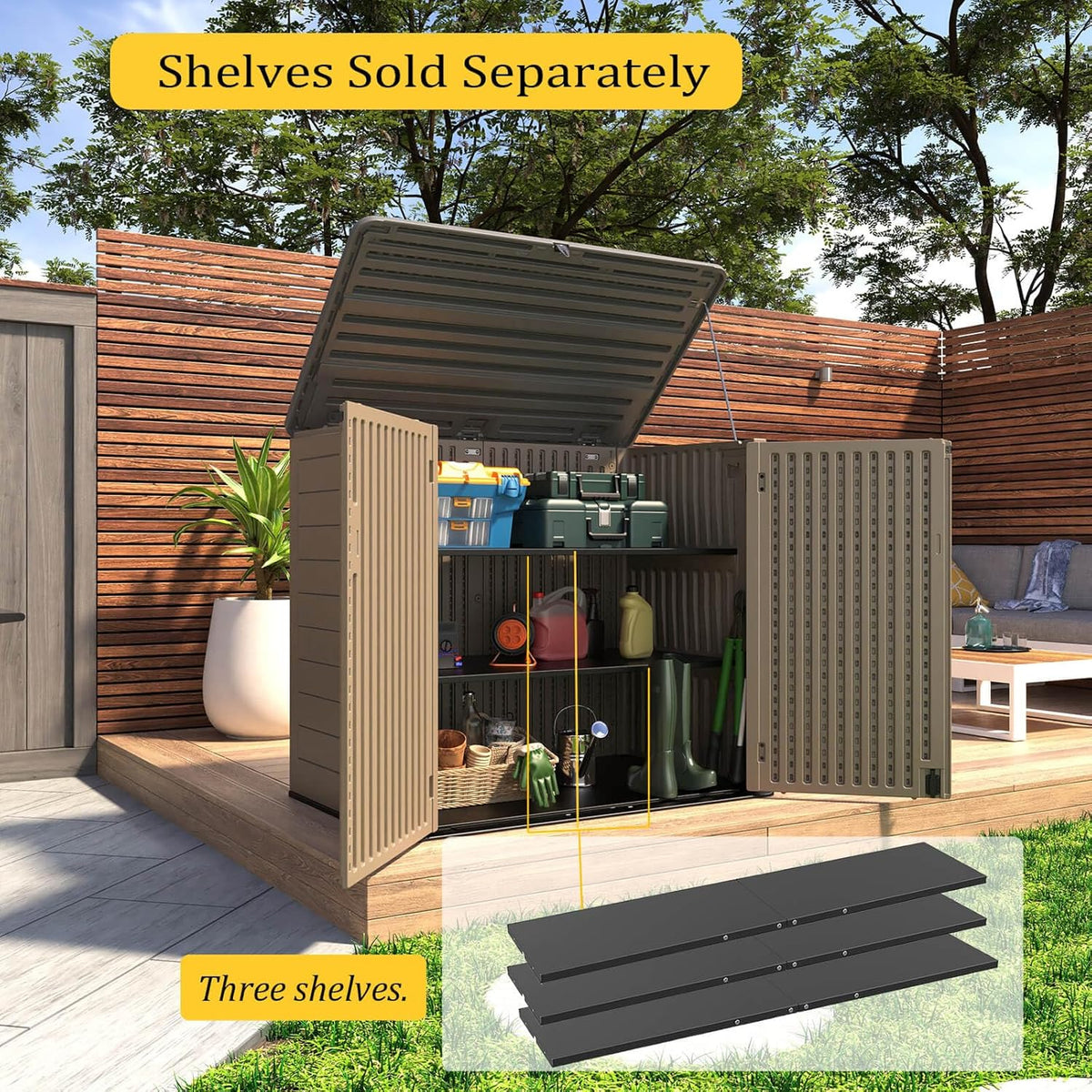 HOMSPARK Storage Shed Weather Resistance, Multi-Purpose Outdoor Storage Cabinet Waterproof, Outdoor Storage Cabinet for Bike, Garbage Cans, Lawnmower, Garden Accessories (coffee, Extra Large-48 cu ft)