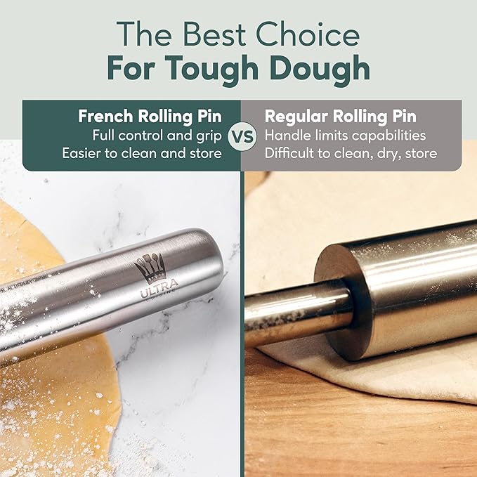 Ultra Cuisine French Rolling Pin for Baking – Use with Pizza, Cookie, and Pastry Dough, Fondant and Pie Crust – Tapered Design Bread Roller Pin, Stainless Steel 15.75-inch Large Roller Pin