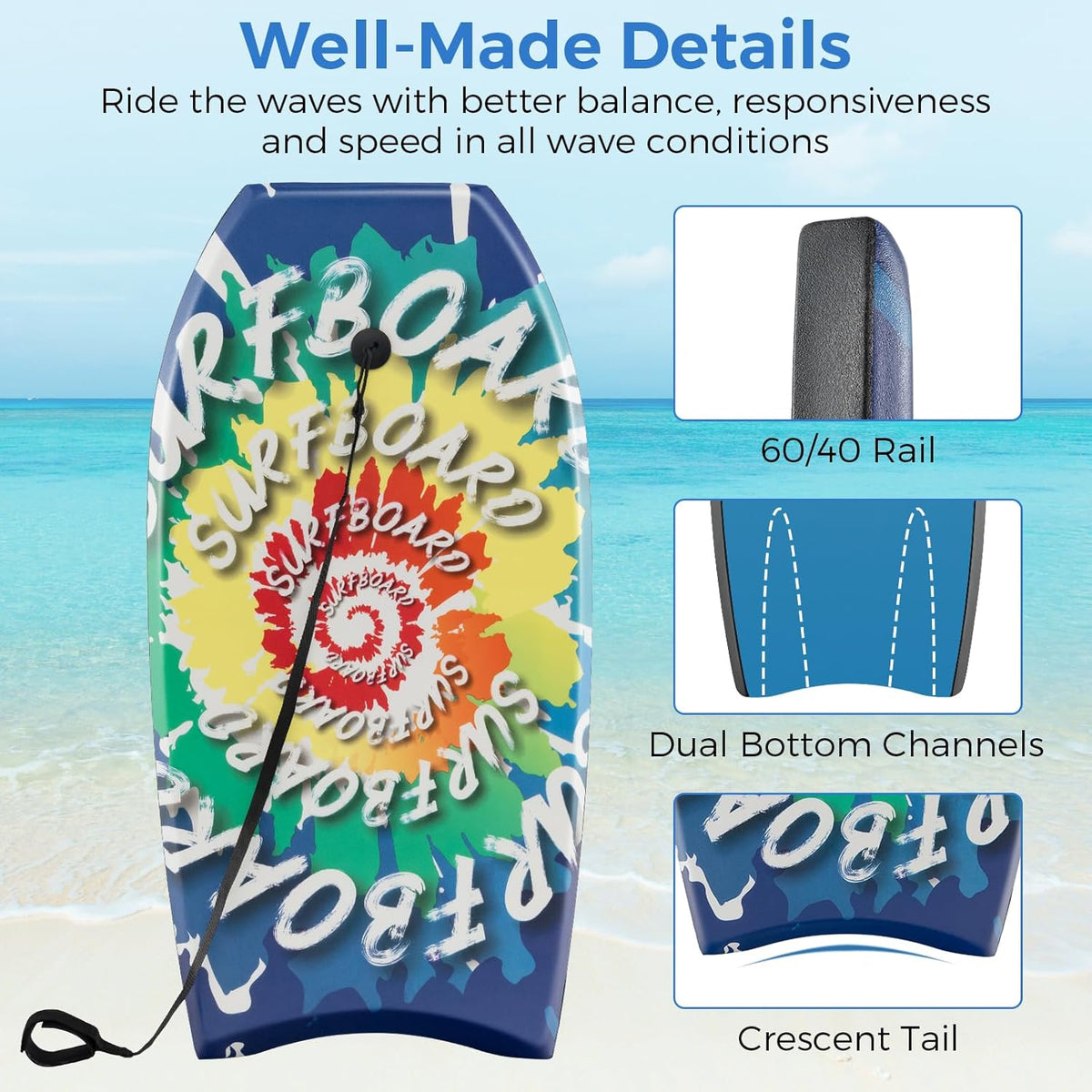 KOTEK 33/37/41 Inch Body Board with Wrist Leash, EPS Core, Dual Channel, HDPE Slick Bottom, Bodyboard for All Skill Levels & Wave Conditions
