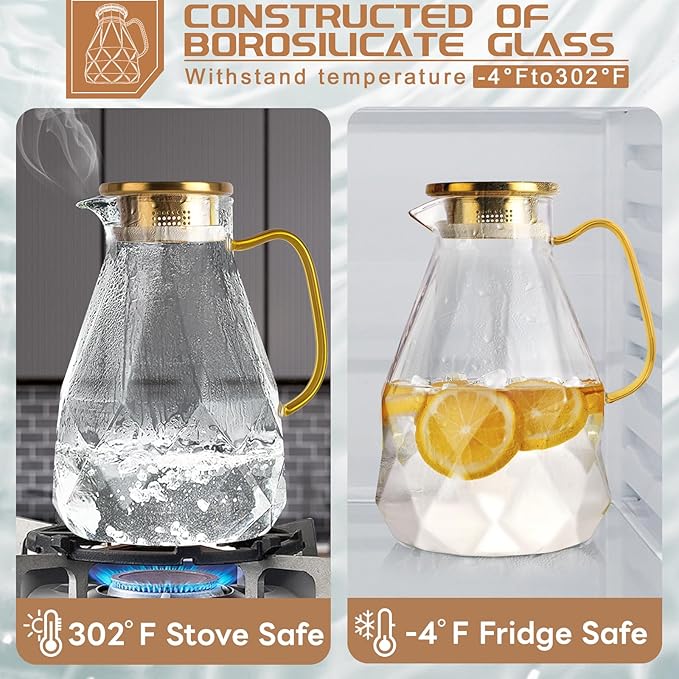 Yirilan 2.8 Liter Glass Pitcher with Lid, Transparent, Thermal Shock Resistant, Microwave Safe, Natural, 2.8L, Round, 6x12 Inches