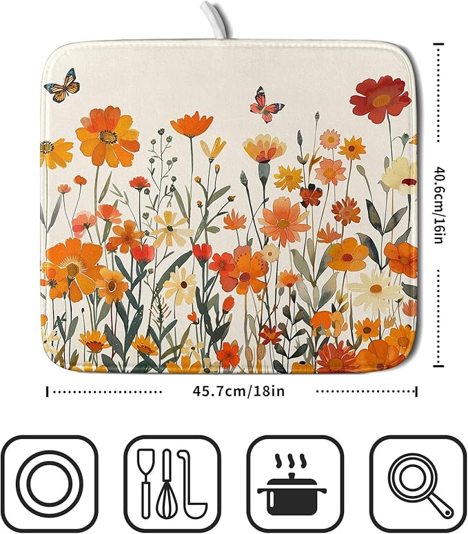 Fall Orange Wildflower Dish Drying Mat for Kitchen Counter,Autumn Floral Butterflies Drying Mat 16 x 18 Inch with Absorbent Reversible Microfiber Dish Drying Pad Dish Pad for Coffee Bar