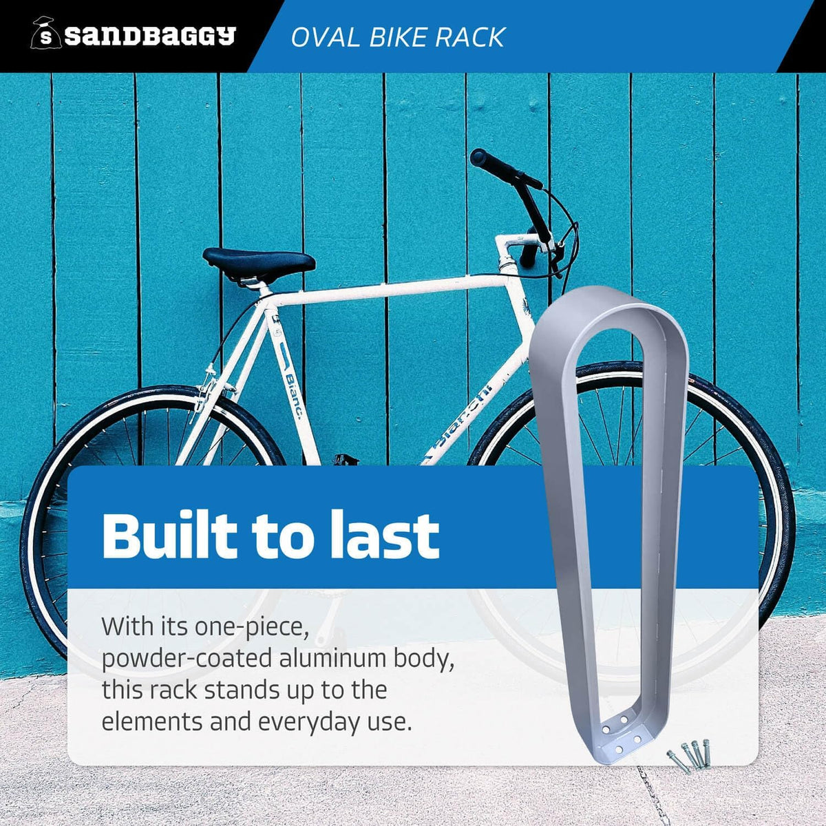 Sandbaggy Modern Commercial Bike Rack | 6.5” x 3” x 35” Oval Design | In-Ground | Anchor Bolts Included (White, 1)
