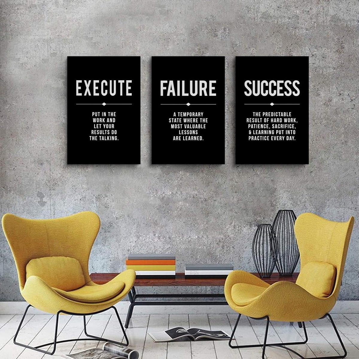 Framed Canvas Wall Art Success Quote, Office Wall Art, Black Large Poster, Positive Motivational Set of 3 Prints, Execute Failure Definition, Inspirational Print (A-3pcs,16x24inchx3pcs)