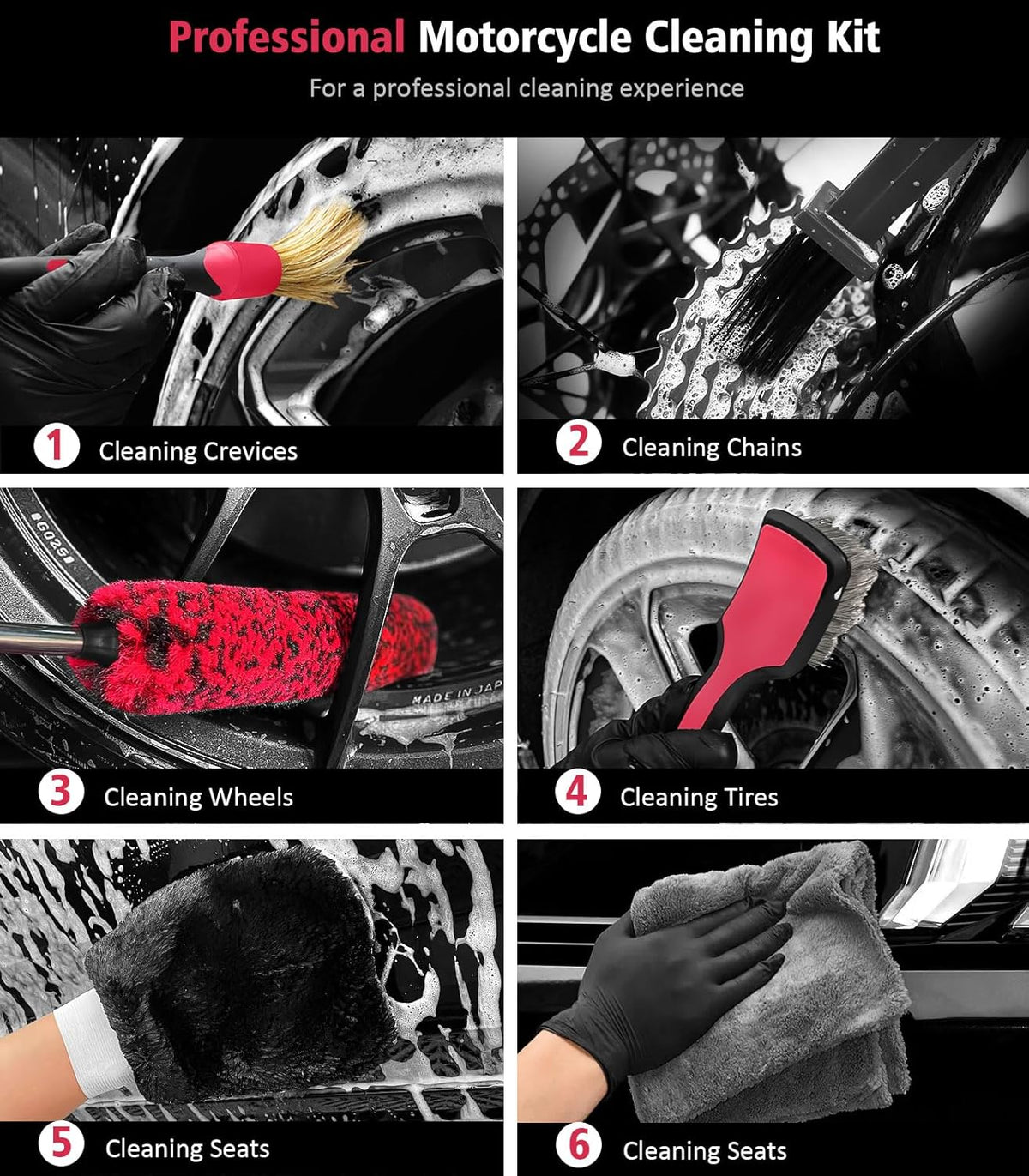 6PCS Motorcycle Cleaning Kit, Wool Wheel Brush, Tire and Chain Brush, Detailing Brush, Ultra Plush Microfiber Towel and Car Wash Mitt for Car Wheels Motorcycle Dirt Bike Cleaning Wash Kit