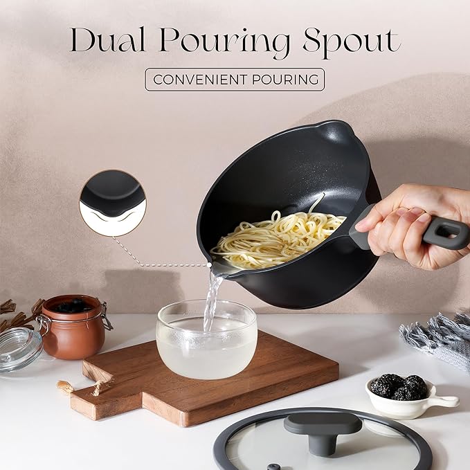 PRICUSIS Nonstick Saucepan with Lid, 2 Quart Non Toxic Pot with Pour Spouts, Full Coated, 100% Dishwasher Safe, Induction Compatible & Oven Safe, PFOS & PFOA Free, Black Sesame