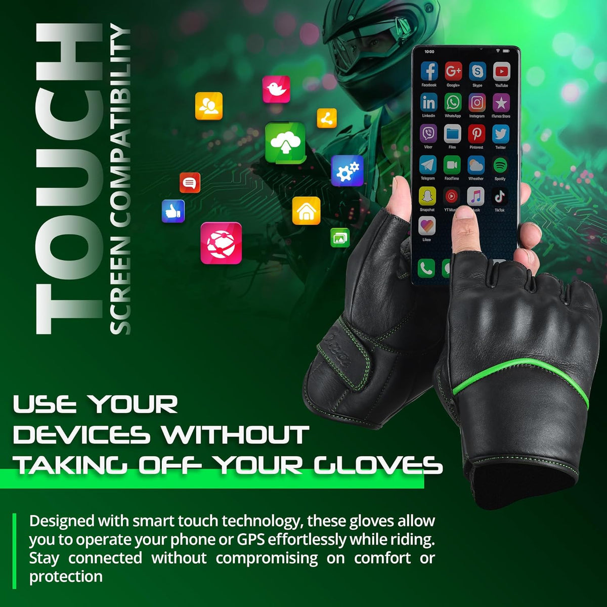 aasportx Motorcycle Gloves - Men's Leather Motorbike Gloves with Touchscreen Function - Non-Slip Pads for Men & Women