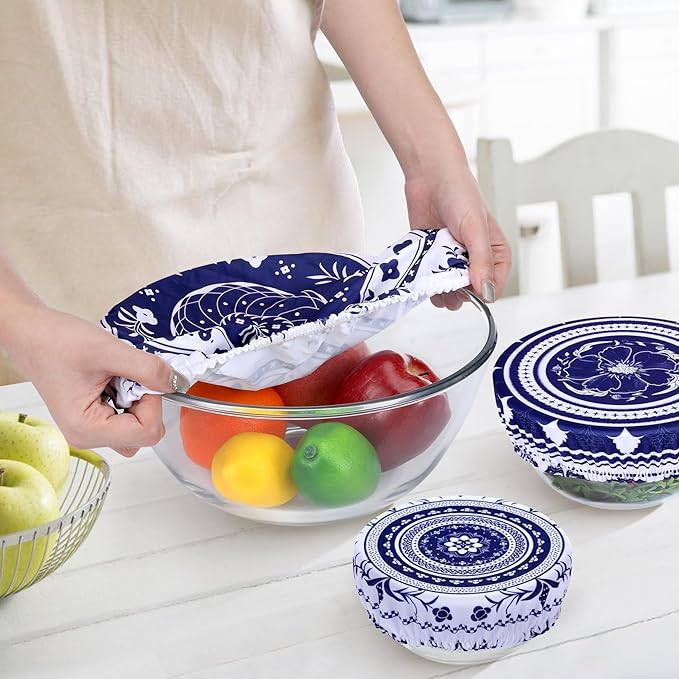 5 Pieces Bowl Covers Reusable, 5 Multi-Size Elastic Cloth Fabric Bowl Covers for Bread Proofing Stretch Food Covers Washable for Food Fruits Leftover (Blue)