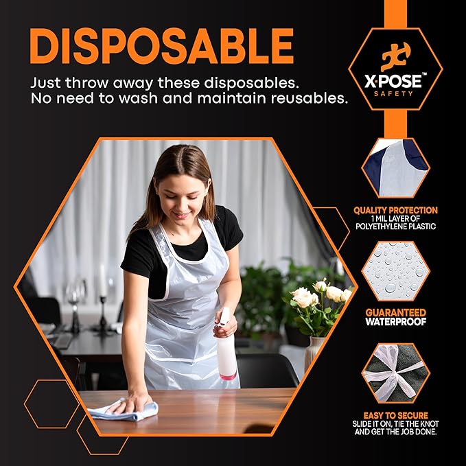Xpose Safety 3000 White Plastic Disposable Aprons for Cooking & more Individually Packaged Durable 1 Mil Waterproof Polyethylene 24" x 48"
