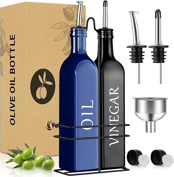 Vakoo Oil and Vinegar Dispenser Set - 17oz/500ml, Extra Thick Glass, Leak-Proof, Olive Oil Dispenser Bottle for Kitchen (Blue Black)