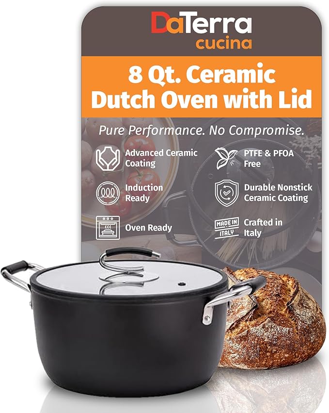 DaTerra Cucina – 8 Qt Nonstick Ceramic Dutch Oven with Lid – Large Oven Safe Stock Pot, Induction Compatible, Lightweight, Lead & PFOA Free, Volcanic Black, Durable Nonstick Cookware – Made in Italy