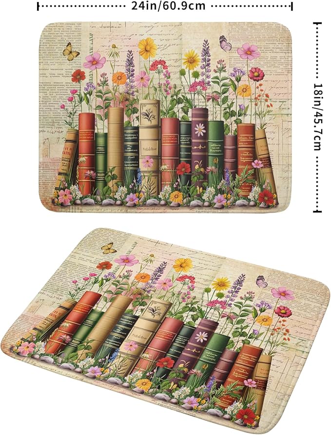 Vintage Books Dish Drying Mat - Retro Flower Kitchen Countertop Cloth Pad 18 x 24 In