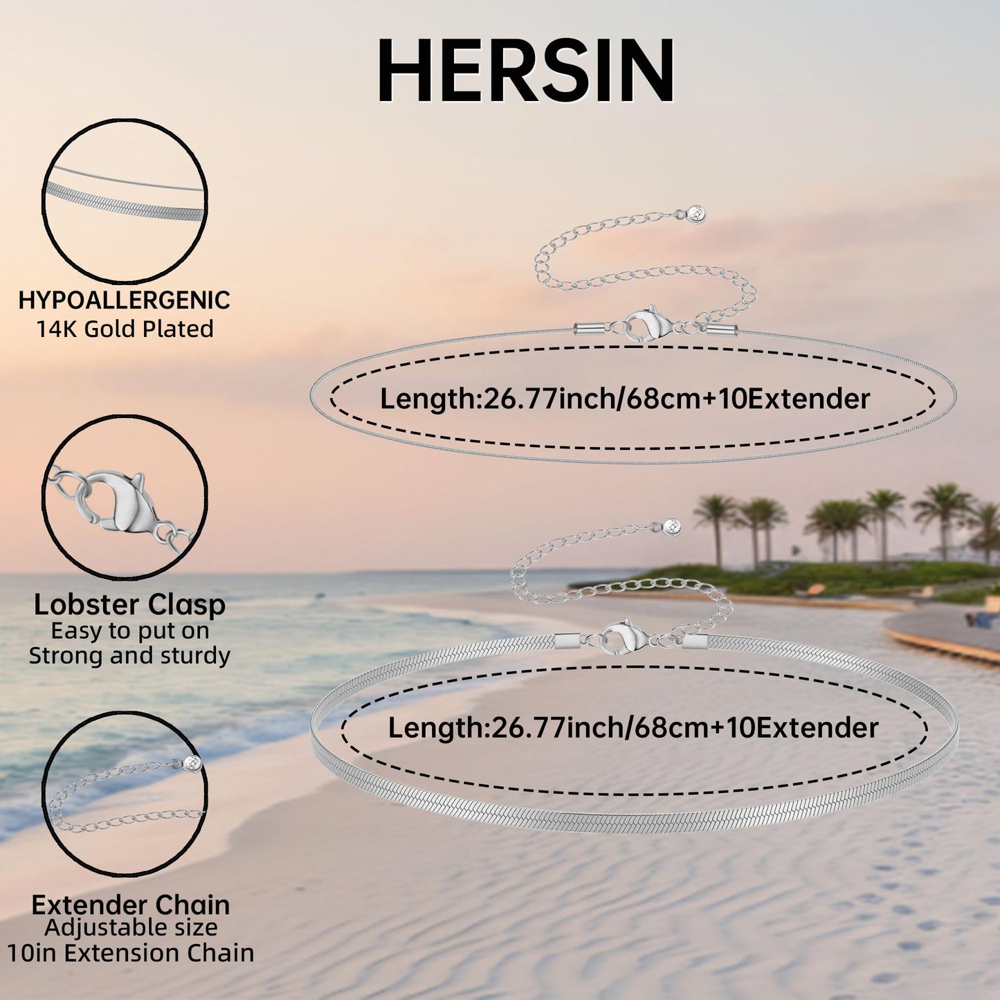 HERSIN Waist Chain for Women, Silver Plated Layered Belly Belt Chains Beach Waist Beads Chain Waterproof Snake Herringbone Body Chain Summer Jewelry Accessories for Women