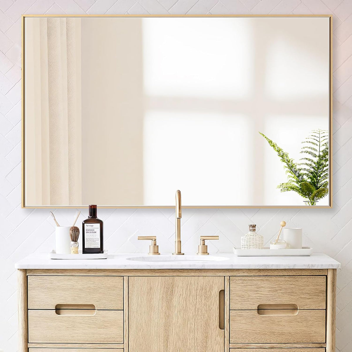 30x48 Inch Orange Gold Bathroom Mirror for Wall, Aluminum Frame Rectangle Rectangular Vanity Mirror, Modern Large for Bedroom, Living Room, Horizontal or Vertical