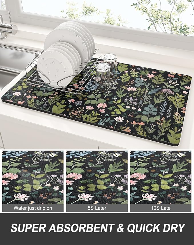 Rnivvi Dish Drying Mat for Kitchen Counter, 12 x 19" Cute Flower Theme Super Absorbent Draining Pad, Non-Slip Heat Resistant Coffee Bar Mat for Coffee Machine Station Accessories, Black Dish Rack Pad