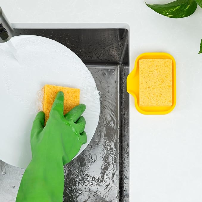 Zulay Kitchen Small Silicone Sponge Holder (4.9x3.3”) – Space-Saving Sink Organizer Tray for Sponge, Soap, Brush & More – Compact Non-Slip Dish for Kitchen & Bathroom (Yellow)