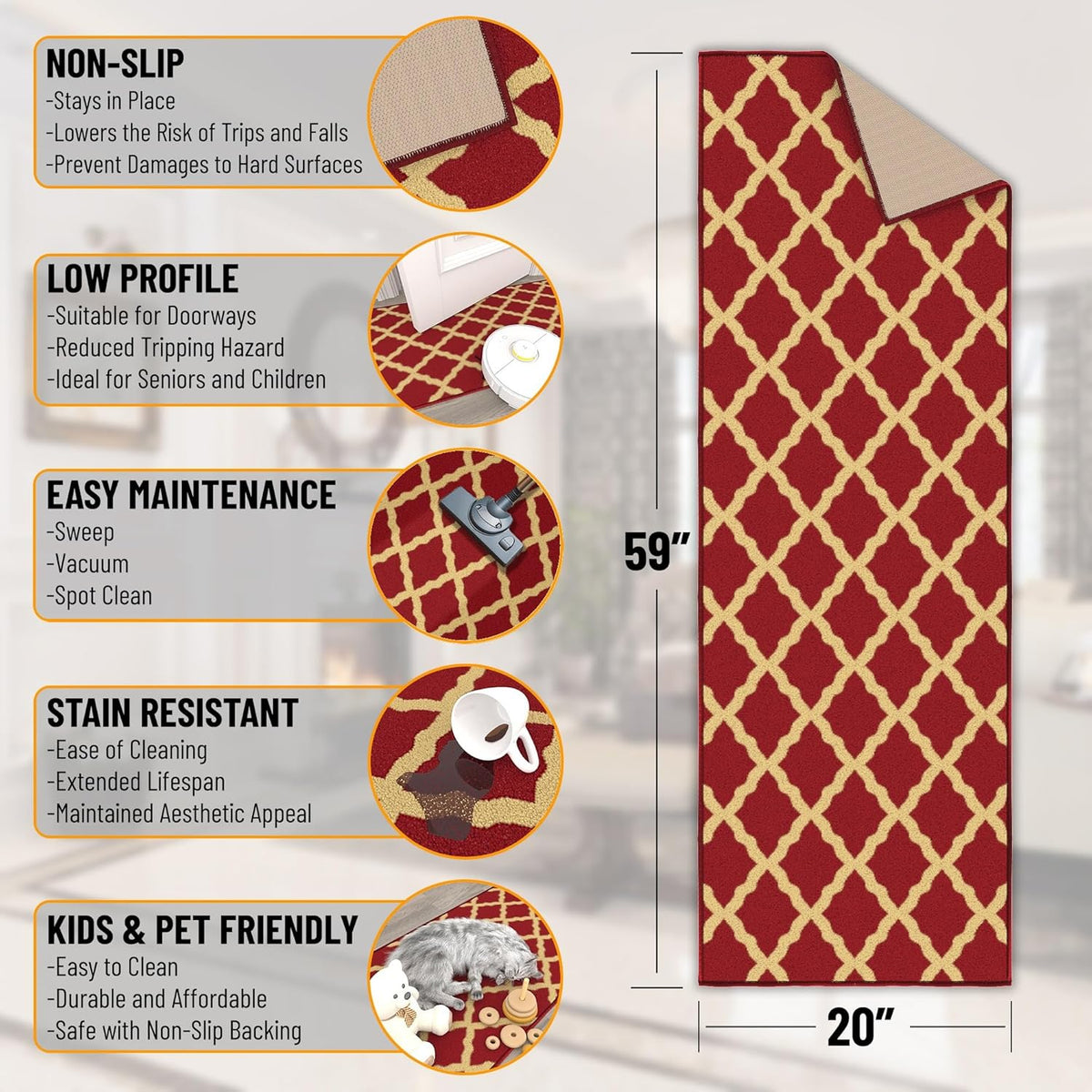 Ottomanson Hallway Runner Rug 20" x 59" Non Slip Trellis Area Rugs Easy to Clean Laundry Rug Runner Durable & Pet Friendly Floor Carpet Runners for Hallways Entryway Living Room Kitchen Bathroom, Red