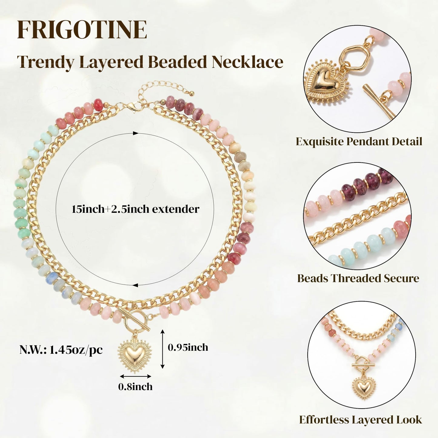 Frigotine Chunky Heart Necklace for Women, Pastel Blue Pink White Resin Beaded Choker with Gold Puffy Heart Pendant, Double Layer Chain Layered Statement Jewelry Gift