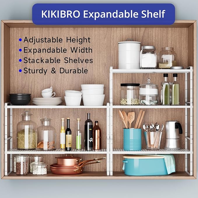 Expandable Cabinet Shelf Organizers, Kitchen Small Stand Rack Organization for Countertop Cupborad Pantry, White 1 Pack
