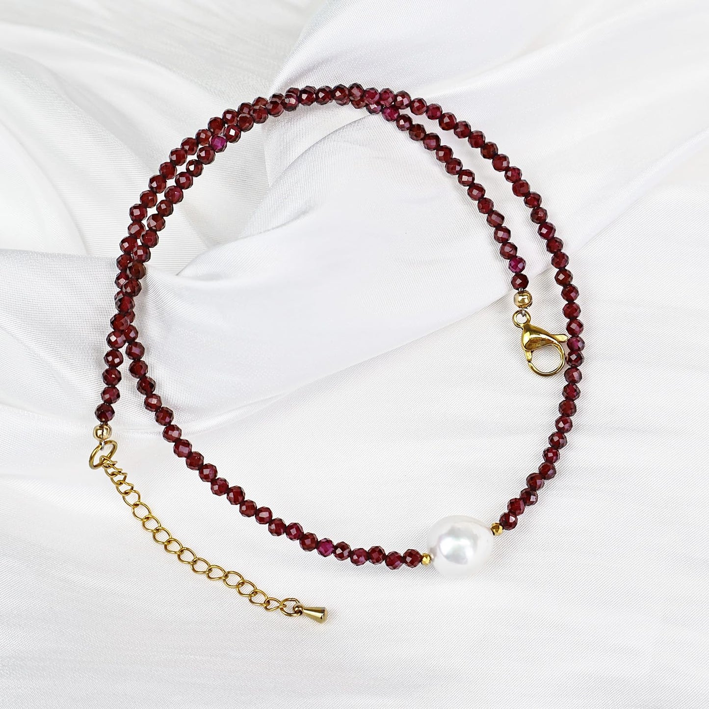 Single Pearl Necklaces for Women, Garnet Necklace Natural Red Stone Gemstone Choker Necklace, Dainty Pearl Drop Necklace Handmade Jewelry Women Christmas Gift Birthday Bridesmaids Anniversary 18 inch