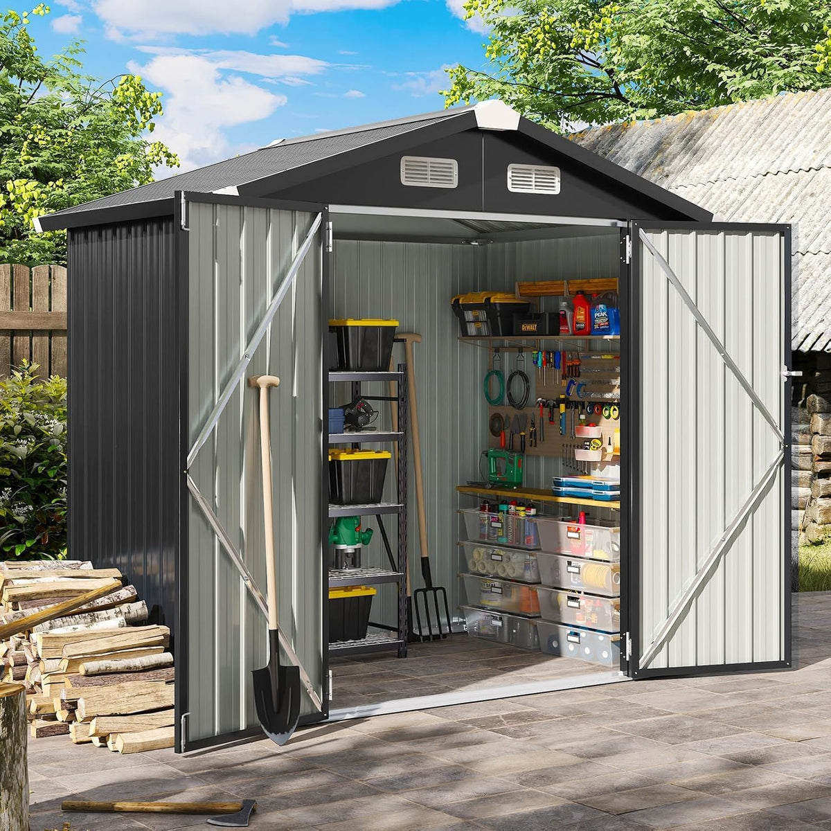 Aoxun 6.2x4 FT Shed Outdoor Galvanized Storage Shed with Large Lockable Doors for Lawn, Backyard, Patio (Black)