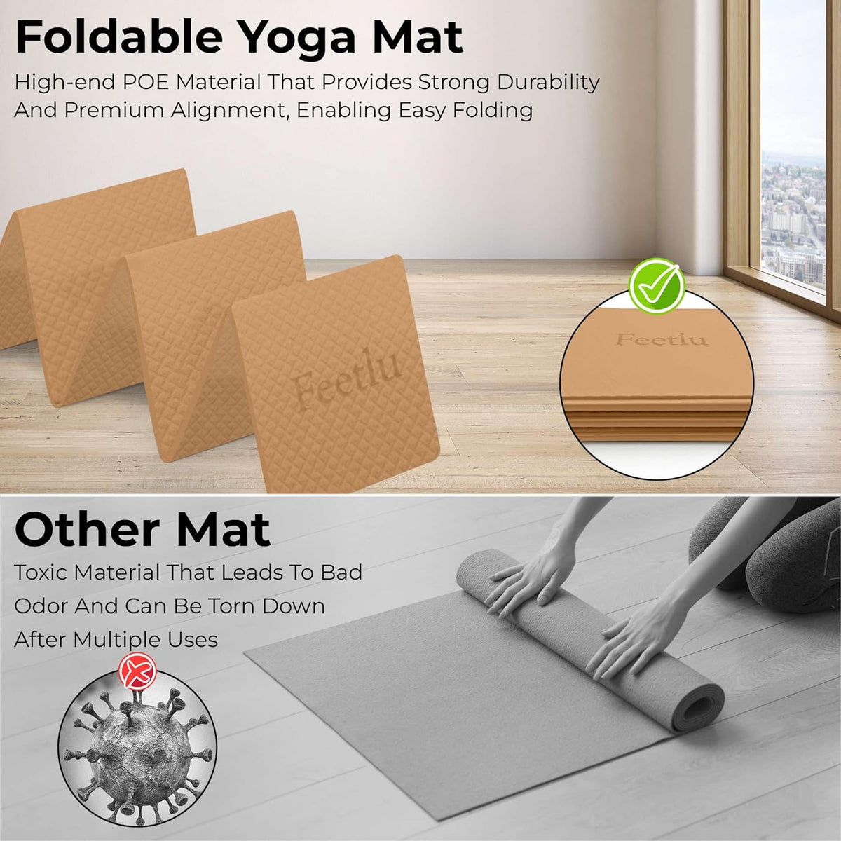 Foldable Yoga Mat, 6mm Thick, Lightweight, Anti-Slip, and Easy to Store – Perfect for Travel, Yoga, Pilates, Home Workouts, and Floor Exercises