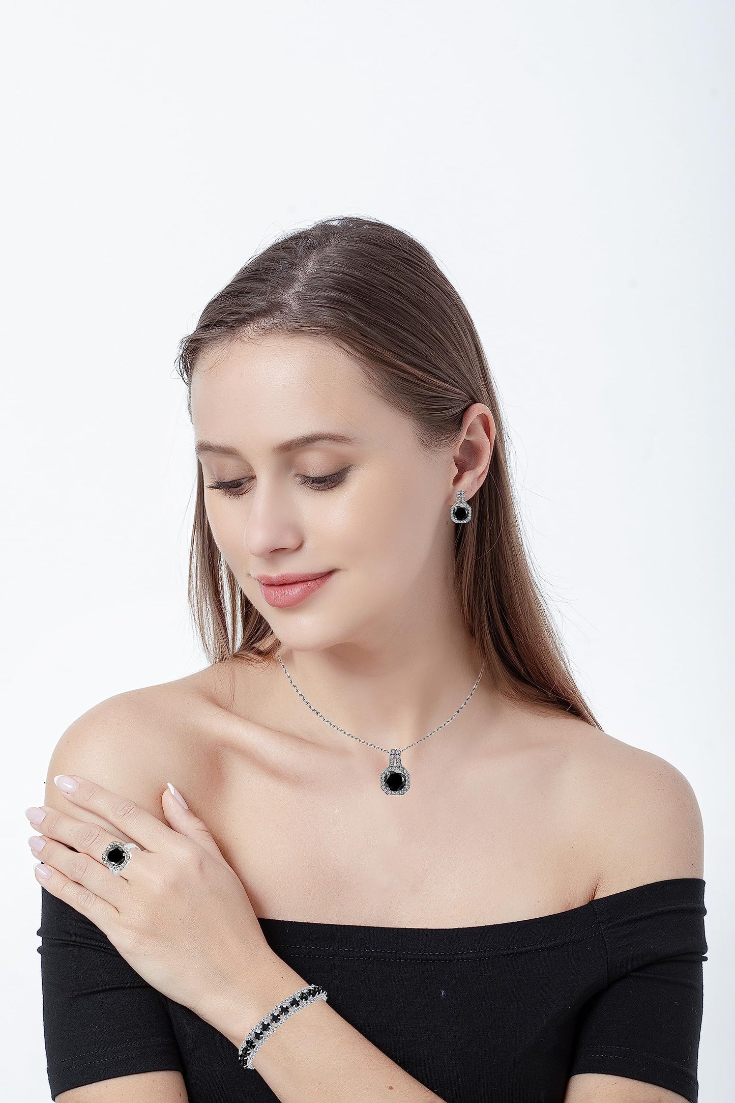 Paxuan Crystal Rhinestone Wedding Jewelry Sets Bridal Pendant Necklace Stud Earrings Link Bracelets Rings Set for Women (Platinum Plated Black Cubic Zirconia)