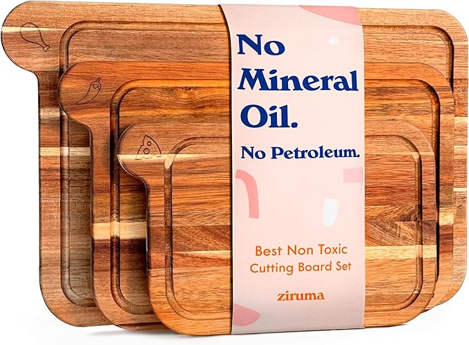 Non Toxic Cutting Boards - Cutting Board Set Free of Mineral Oil, Made of FSC Acacia Wood - Cutting Boards for Kitchen - Includes 3 Chopping Boards. By Ziruma