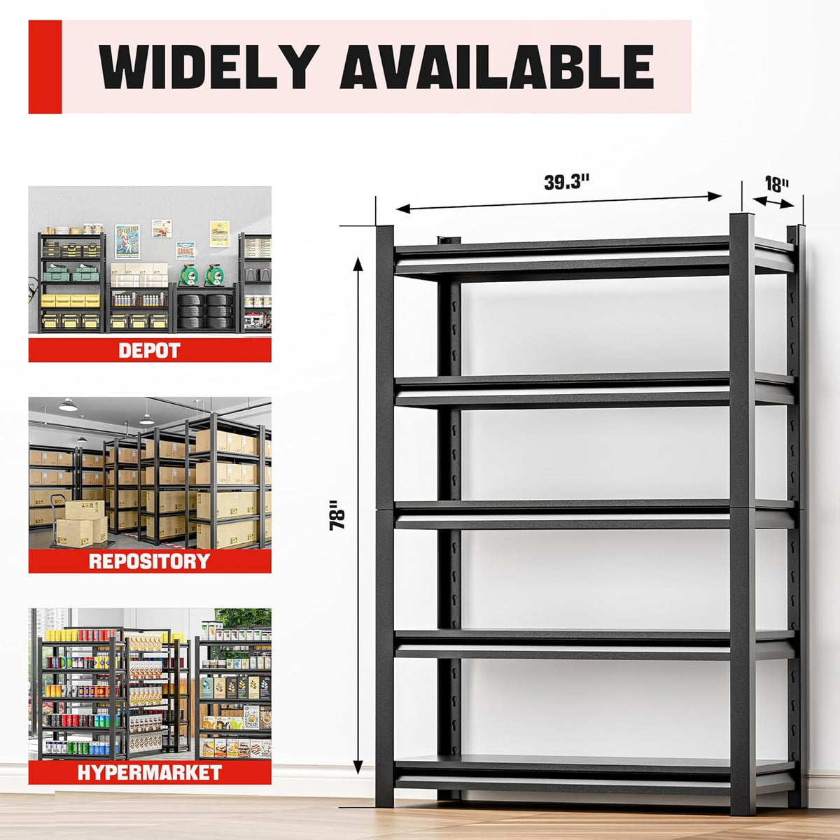 5-Tier Heavy Duty Steel Garage Shelving Unit, Adjustable Metal Utility Shelves, Industrial Storage Rack for Garage, Warehouse, and Storage Solutions 18" D x40 W x78 H（5 pcs）