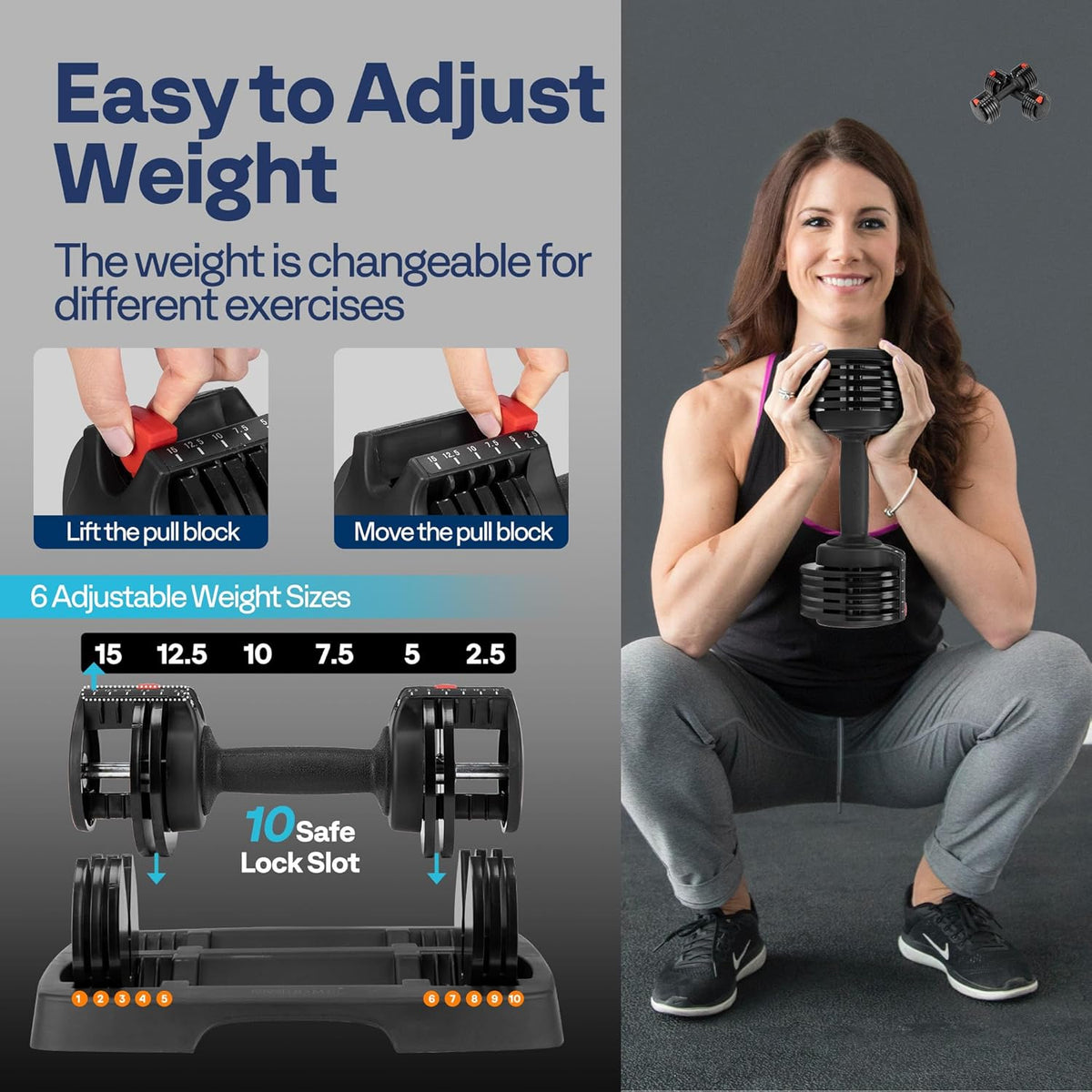 VIVOHOME 2.5 lbs to 15 lbs Adjustable Weights Dumbbells Set of 2 with Anti-Slip Handle and Tray Multiweight Options Workout Equipment for Men Women Home Gym Office Black