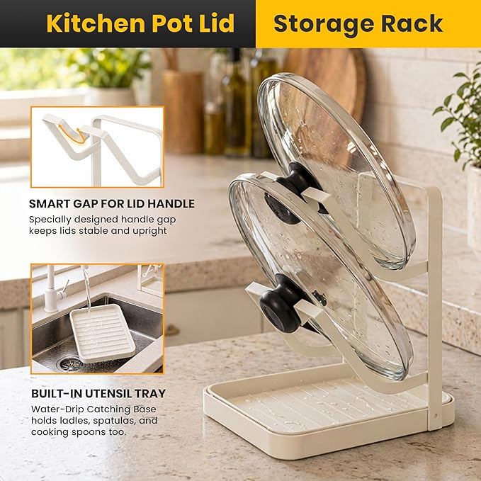 Pot Lid Holder with Removable Drip Tray, Multifunctional Double Layer Pot Lid Organizer for Countertop, Kitchen Pot Lid Storage Rack for Covers, Cutting Boards, Utensils (OFF-White)