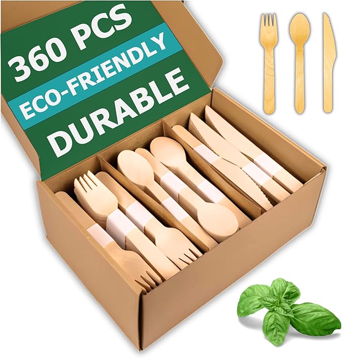 Disposable Wooden Cutlery Set 360 PCS - 100% Compostable Wooden Silverware [120 Forks, 120 Spoons, 120 Knives] - Wooden Disposable Utensils - Compostable Forks and Spoons - Silverware