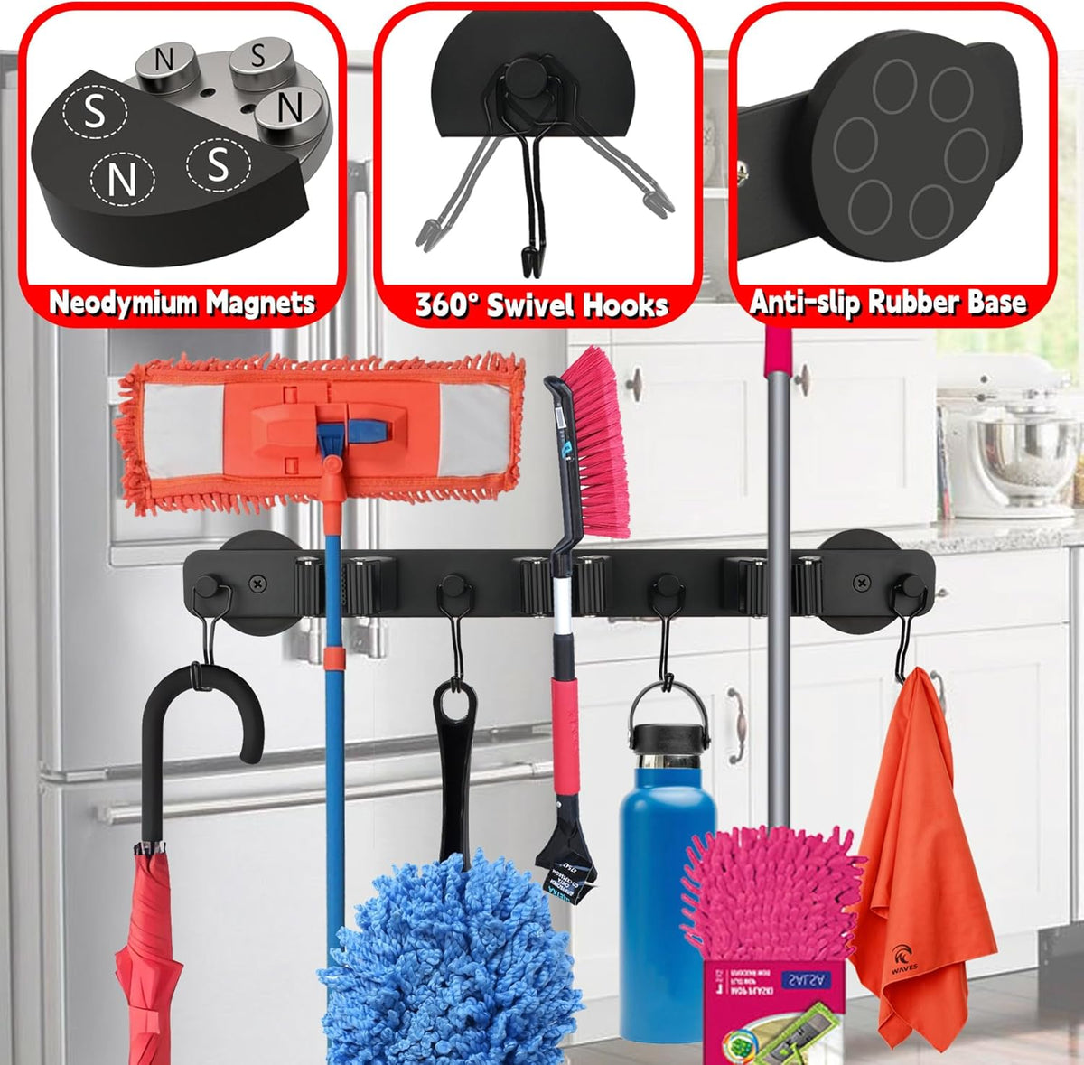 Magnetic Mop Broom Holder,Heavy Duty Movable Magnetic Wall Mount Tool Racks,No Drilling Utility Storage Shovel Hanger for Garage,Closet,Garden,Kitchen,Laundry (4 Hooks 3 Grippers,Black)