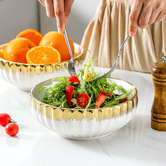 LETAOTAO Serving Bowls, 8 inch Large Salad Bowls, Ceramic Bowl Set of 2 White Bowl with Gold Trim, Kitchen Decorative Bowls Set for Kitchen, Salad, Soup, Pasta and Dinner(60 oz)