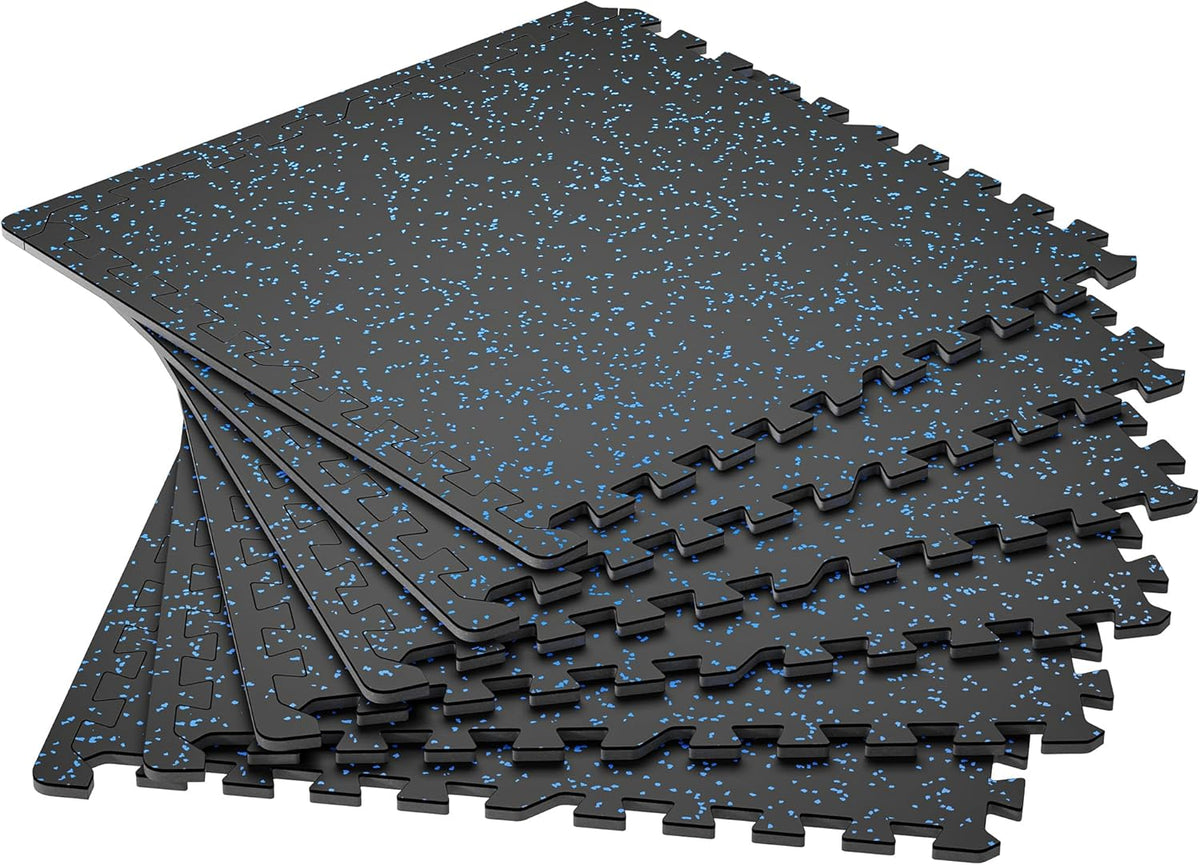 SUPERJARE 0.4'' Thick 6 Pcs 24 Sq Ft Rubber Top Exercise Equipment Mats, High Density EVA Foam Mats with Rubber Top, Interlocking Gym Flooring for Home Gym, Protective Workout Mat, Black/Blue